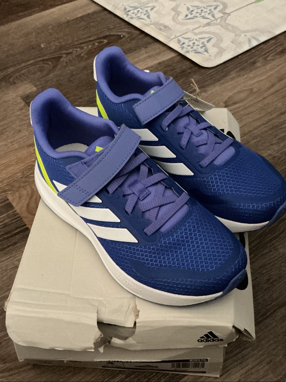 adidas Kids Blue and White Sneakers with Neon Yellow Accent